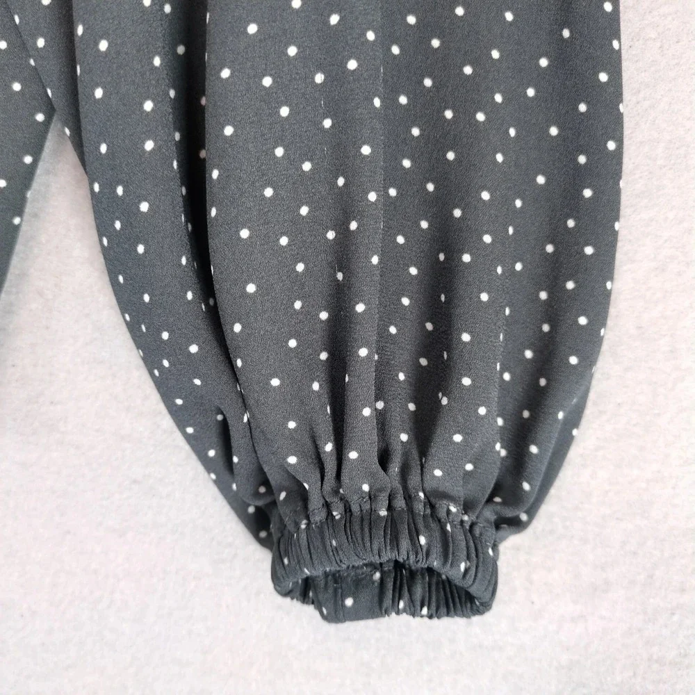 Loft Dotted Smocked Mixed Media Blouse Top Sz‎ M Gray Ruffle, Long Puff Sleeve